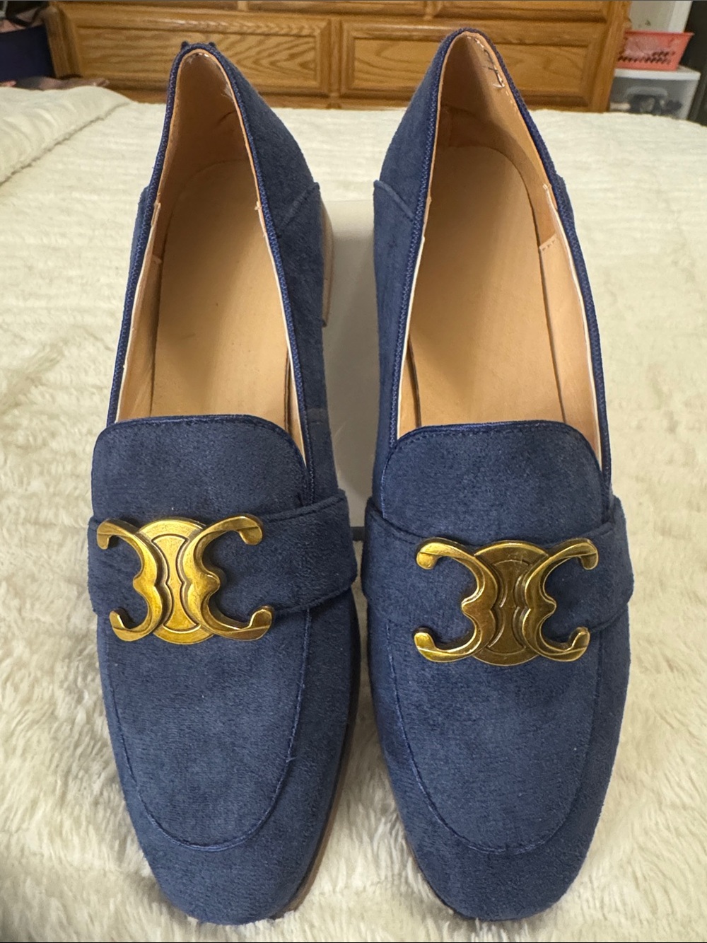 Navy Suede Women's Loafers with Gold Accent